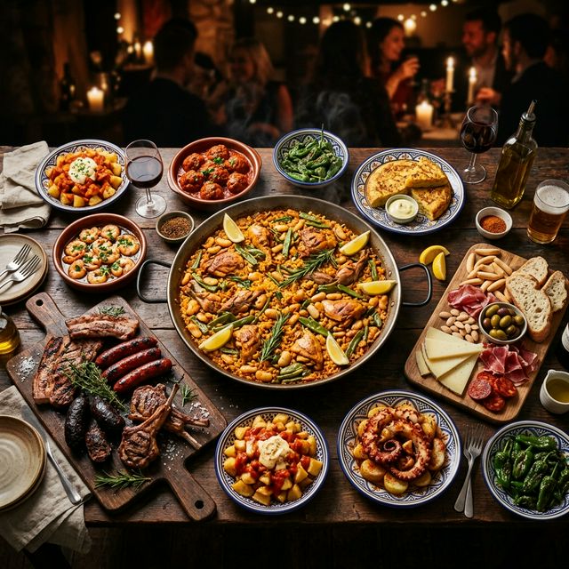 Mesa de catering con paella y tapas para fiestas en Valencia